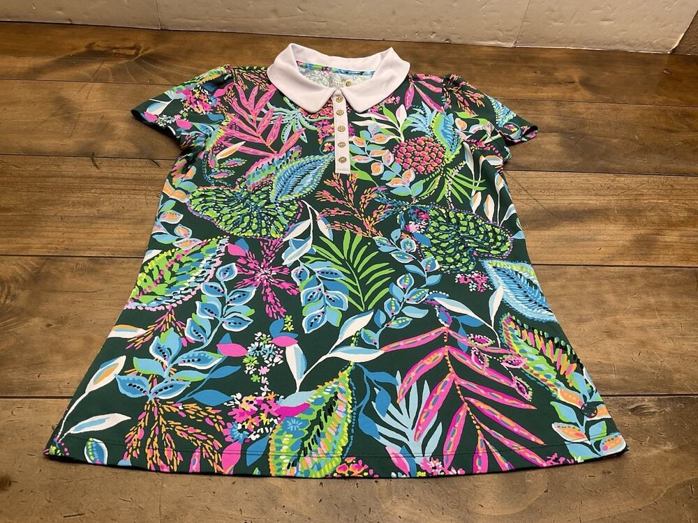 Lilly Pulitzer Women's Luxletic Frida Puff Sleeve Floral Polo Shirt Large